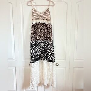 Mixed Animal Print Crochet Bodice Maxi Dress in Neutral Tones
